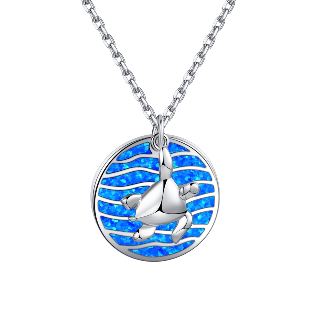 Ασημί στερλίνα  Μοναδικό κολιέ Χαβάης Blue Opal Ocean Wave και μενταγιόν με χελώνα,