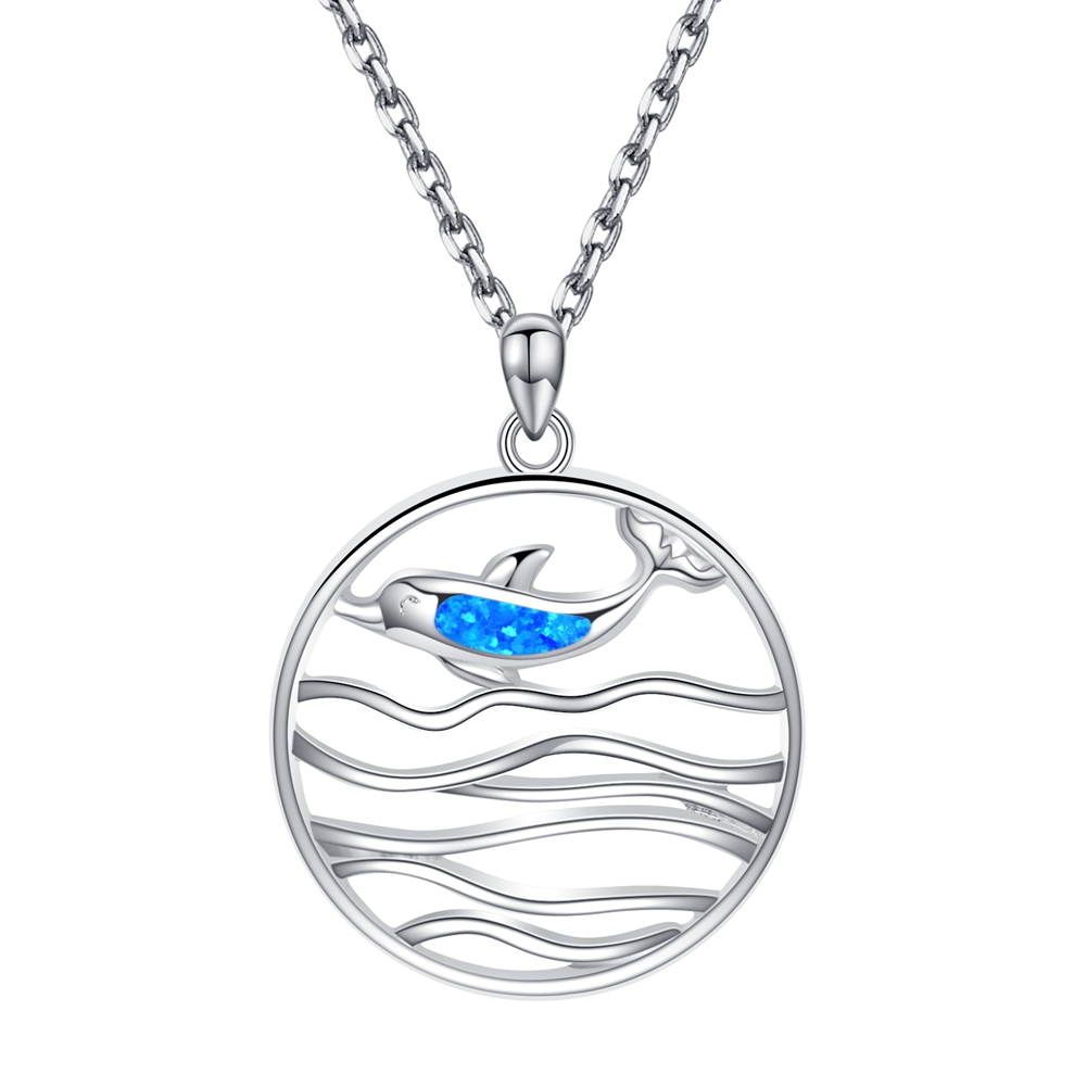 Ασημένιο μενταγιόν Dolphin Opal & Wave