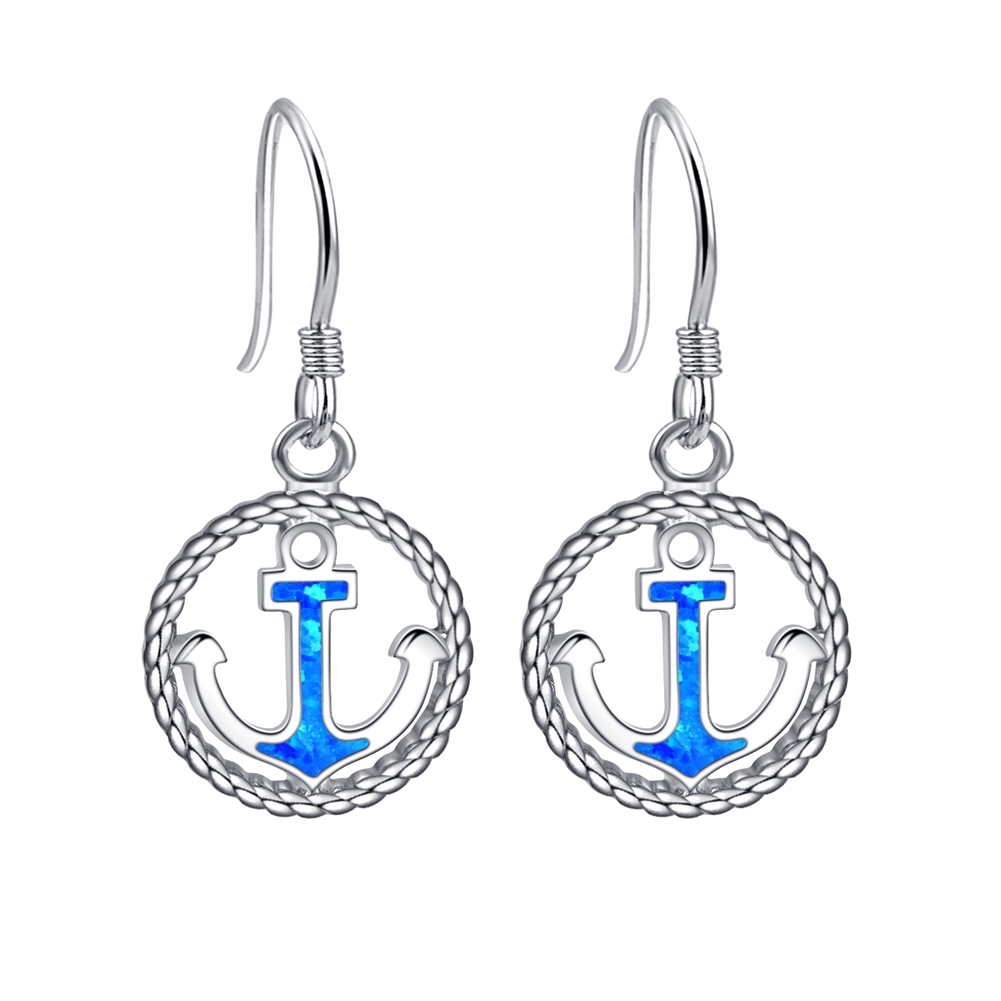 Rhodium 925 Sterling Silver with  blue Opal Anchor dangle earrings gift for her