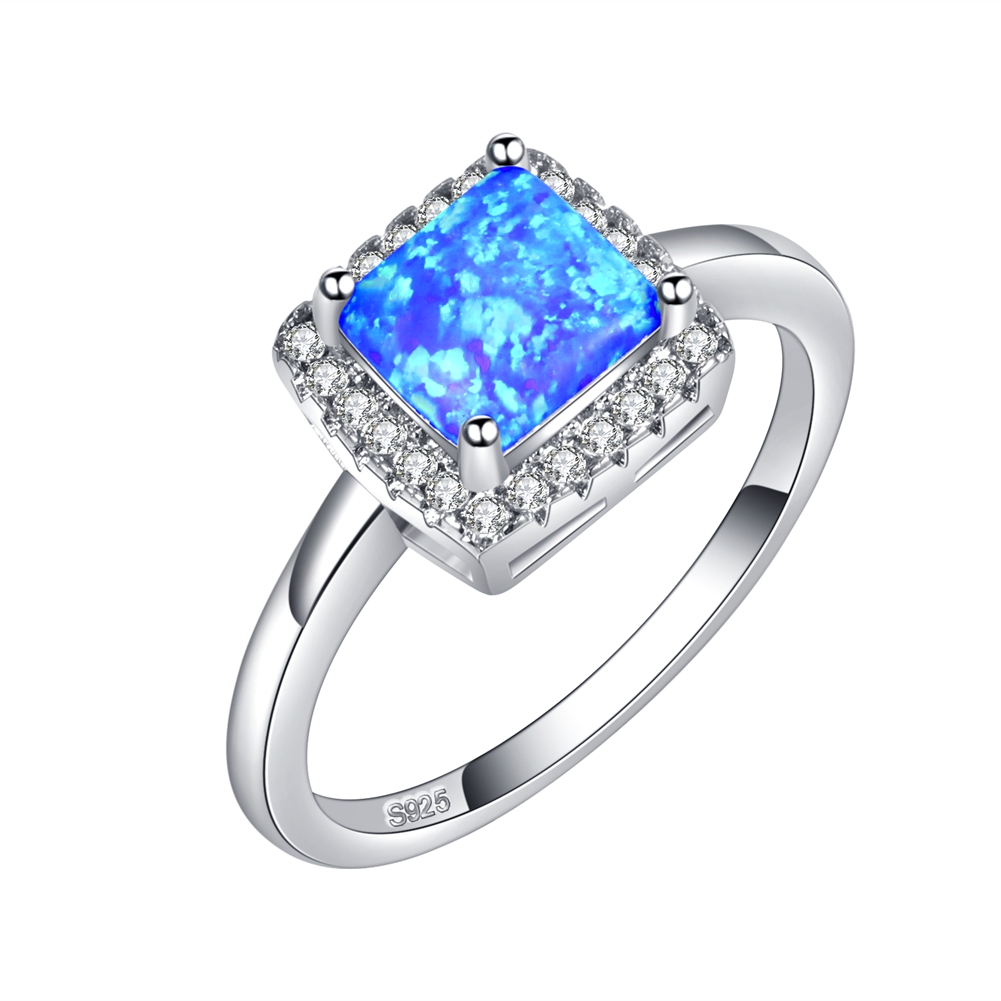 Wholesale Sterling Silver blue Lab Opal Square CZ Ring for Sale