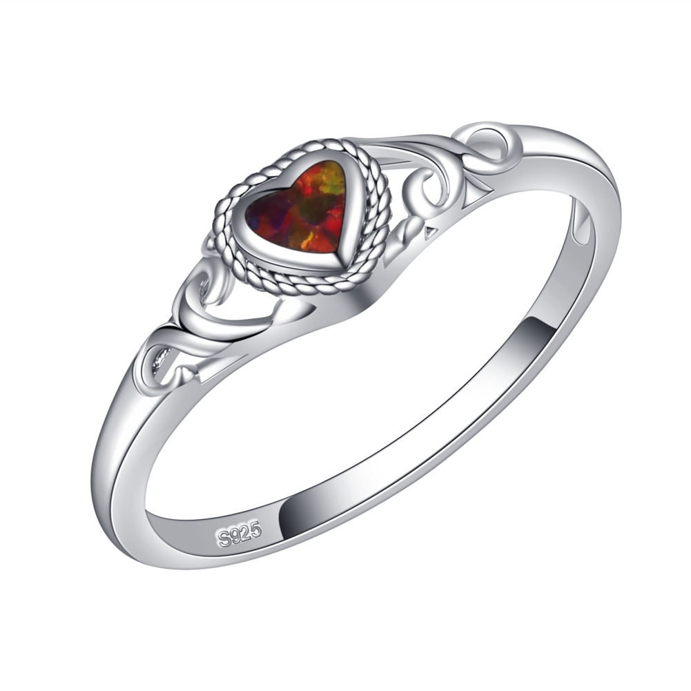 925 Sterling Silver red  Opal Heart Ring