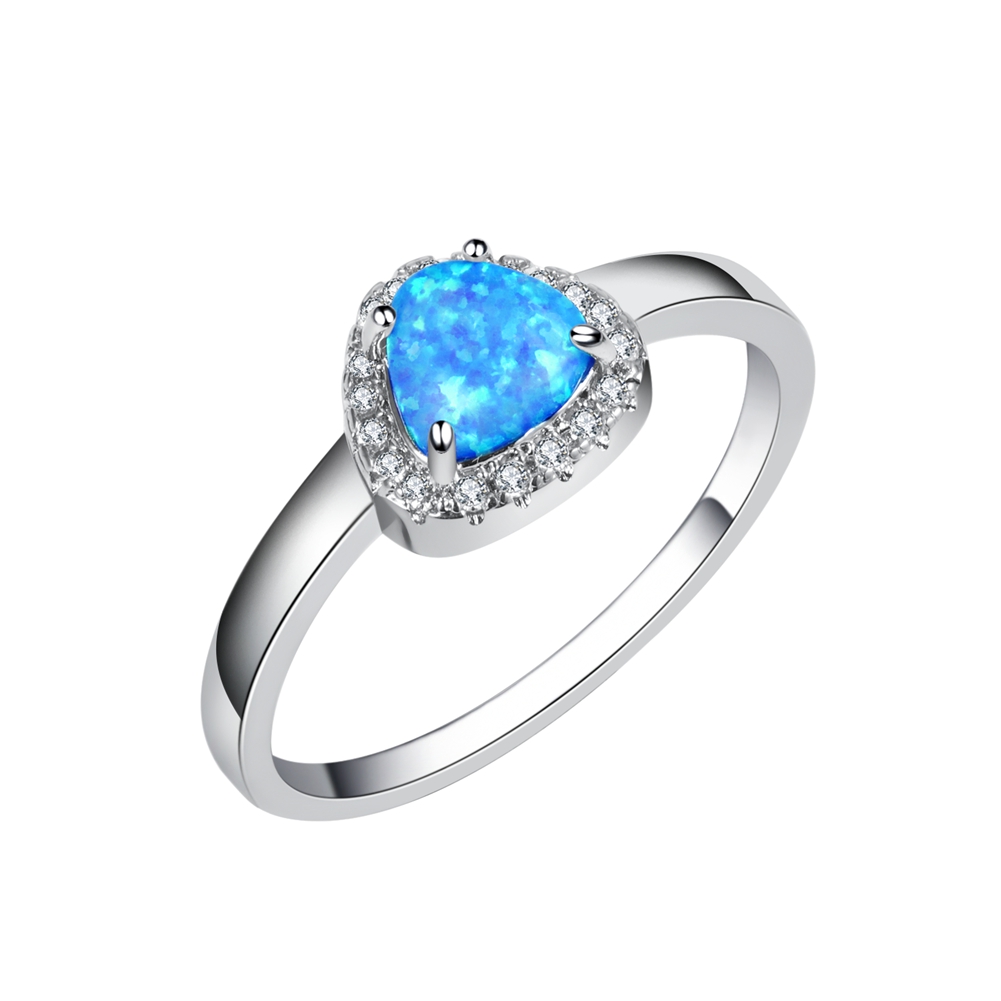 925 Sterling Silver Blue Opal Inlay Ring with Triangle Diamond in Band