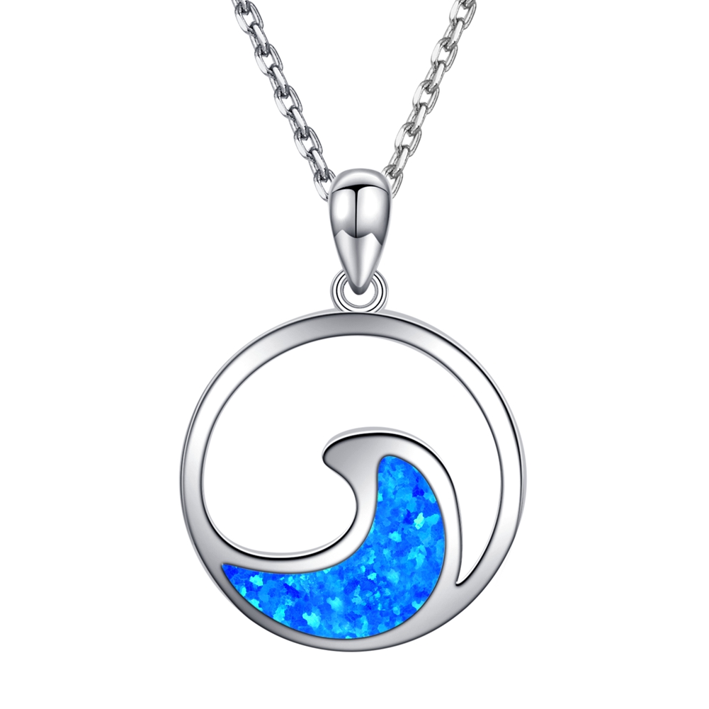 Sterling Silver Blue Opal Hawaiian Wave Pendant Necklace