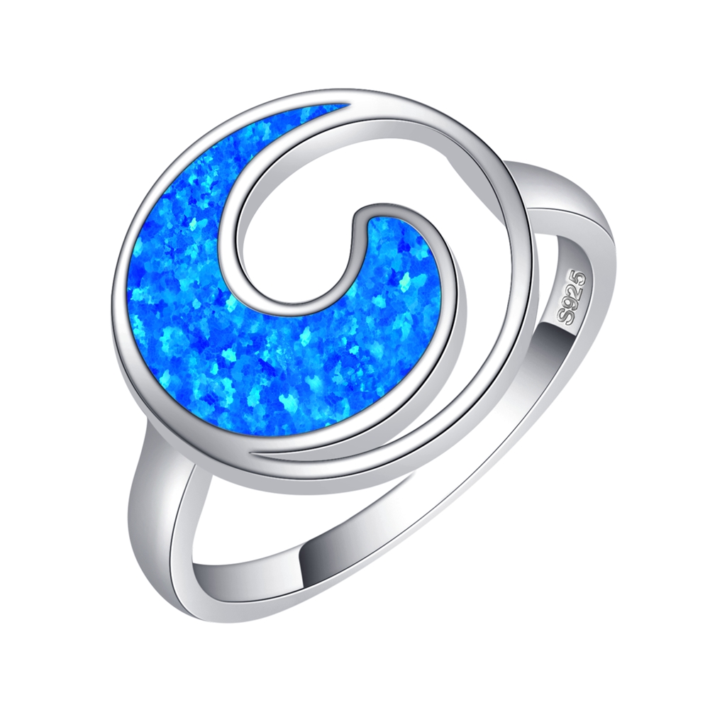 925 Sterling Silver Band Ocean Blue Lab Opal Wave Ring 
