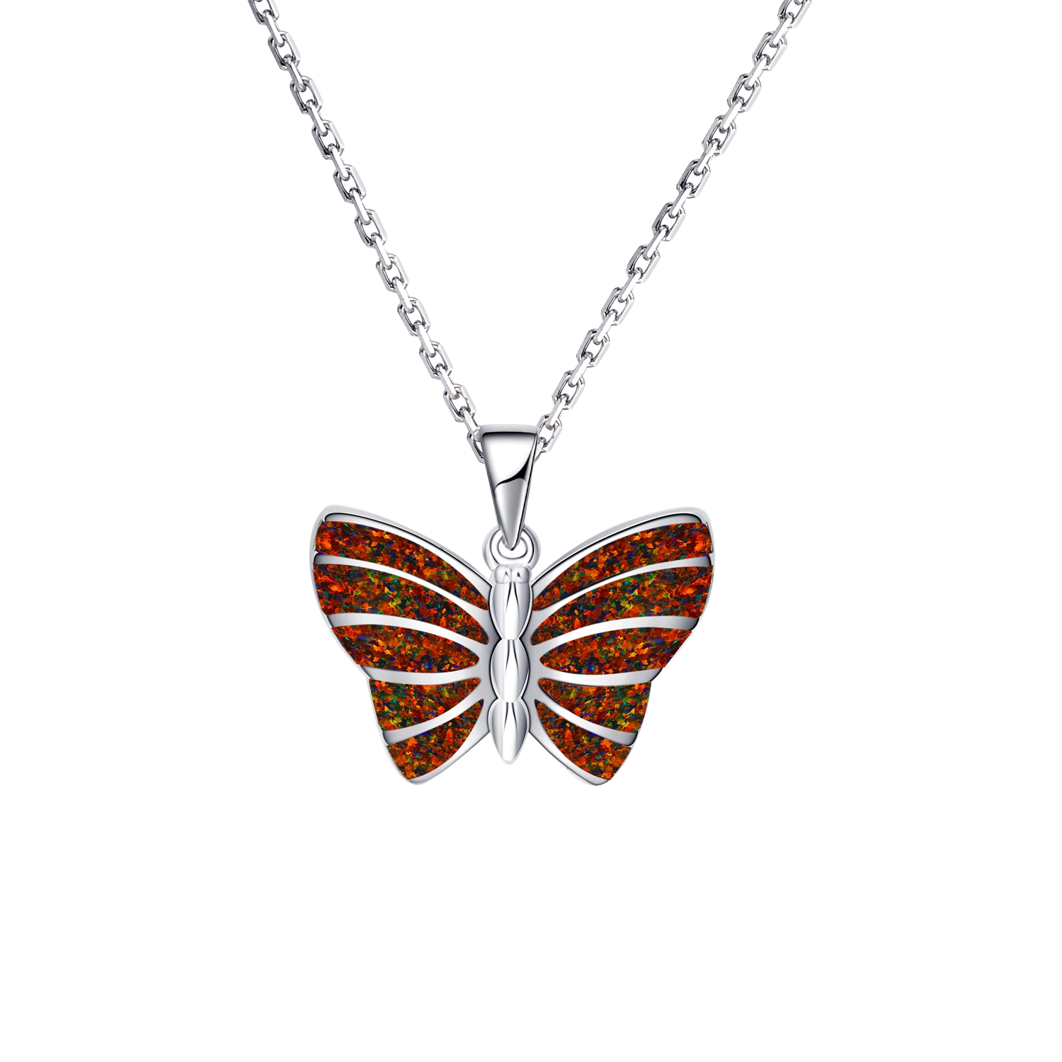 925 Sterling Silver Simulated red Opal Butterfly Pendant