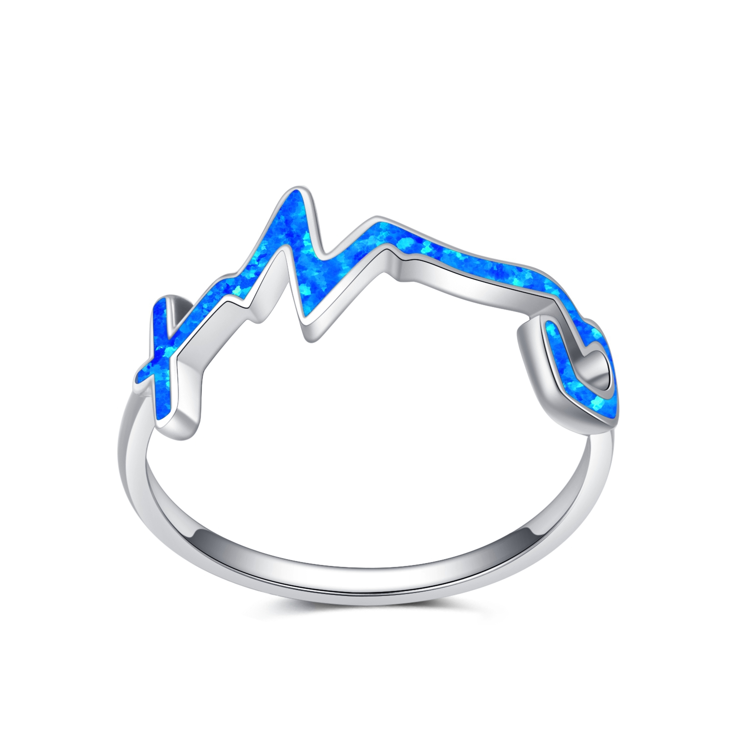Blue Lab Opal Zig Zag Heartbeat EKG Pulse Ring Sterling Silver Band Sizes 5-10