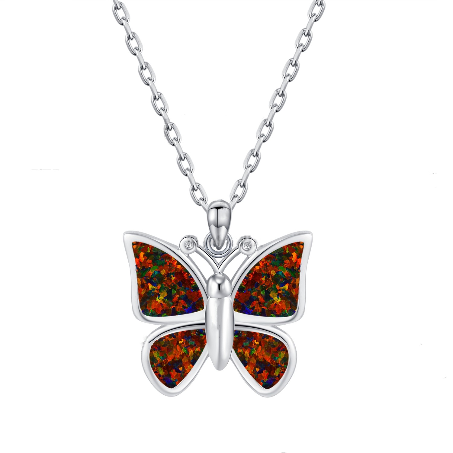 October Birthstone Sterling Silver Butterfly pendant Necklace Created Blue Opal Gemstone Dainty Fine Jewelry For Women