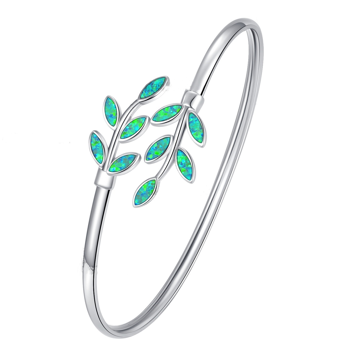 925 STERLING SILVER OLIVE LEAF OPAL BANGLE BRACELET 