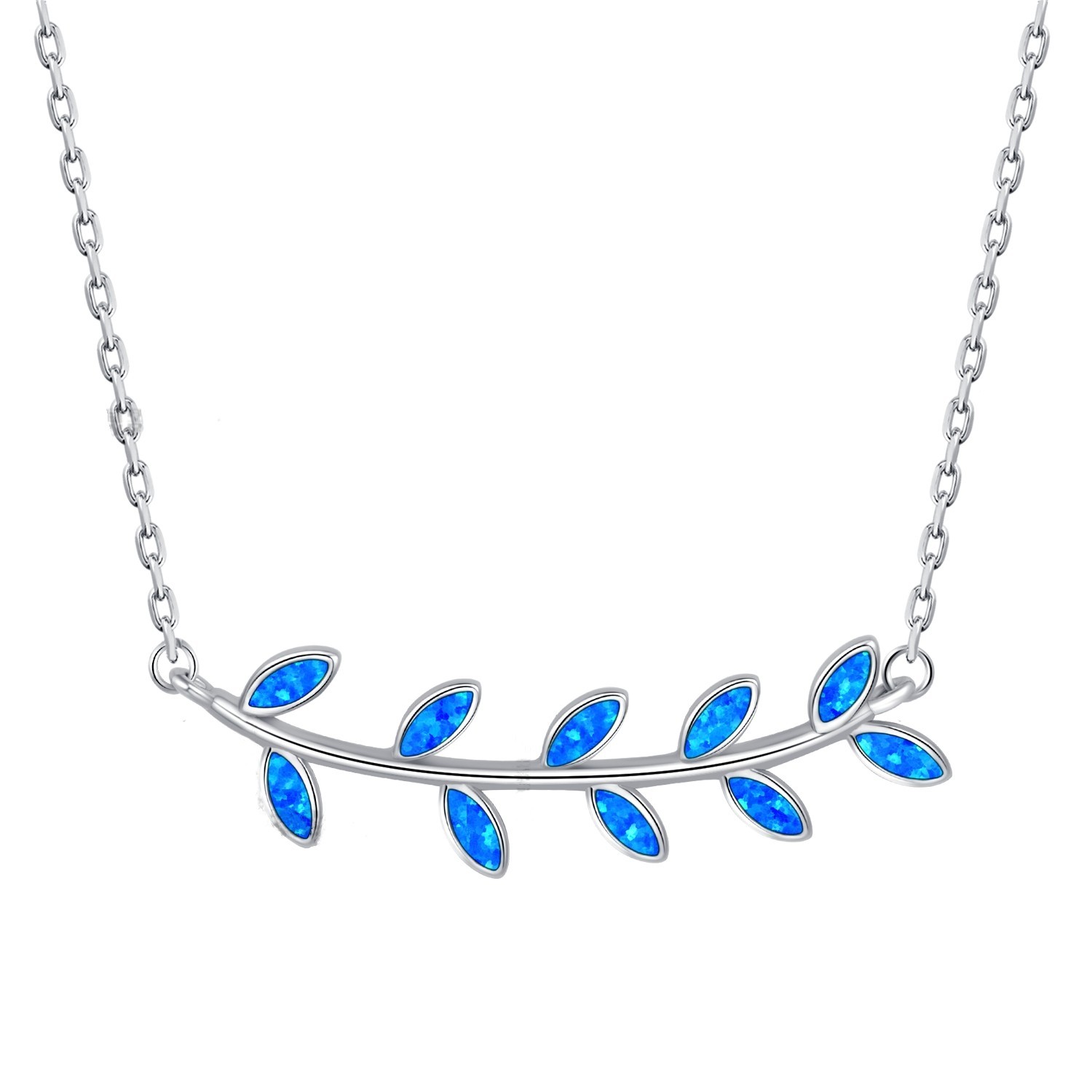 Sterling Silver 925 Blue Opal Greek Olive Leaves Pendant & Chain Necklace, Ancient Greek Leaf leaves Opal Pendant, Olive Leave