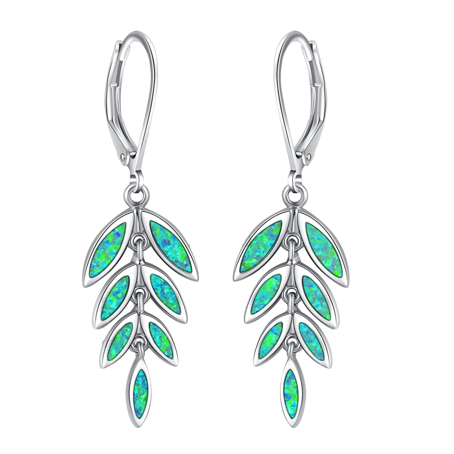 Sterling Silver Created Blue Opal Hawaiian Olive Branch Maile Leaf Dangle Earrings