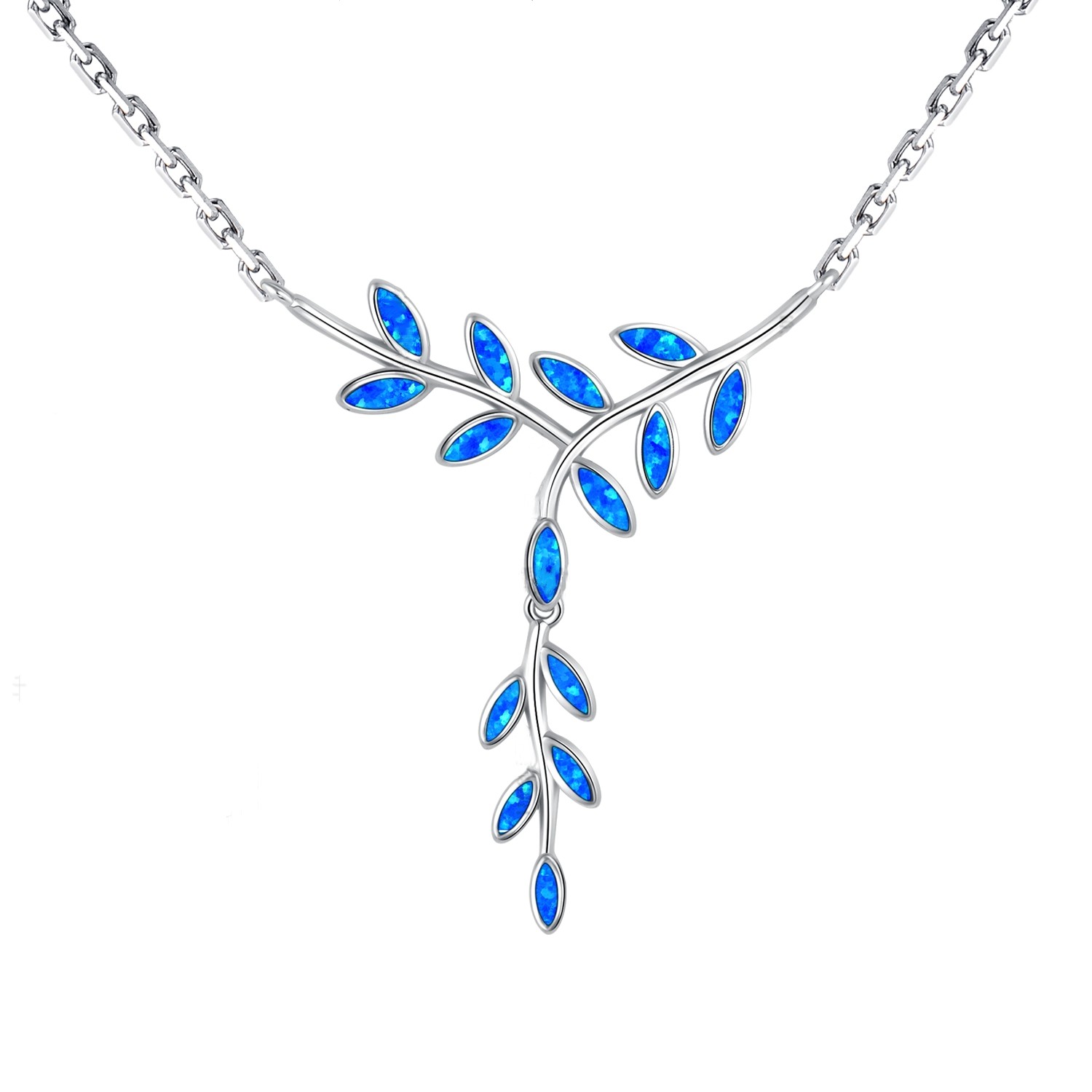 925 Sterling Silver  Olive Branch Necklace with Blue Opal