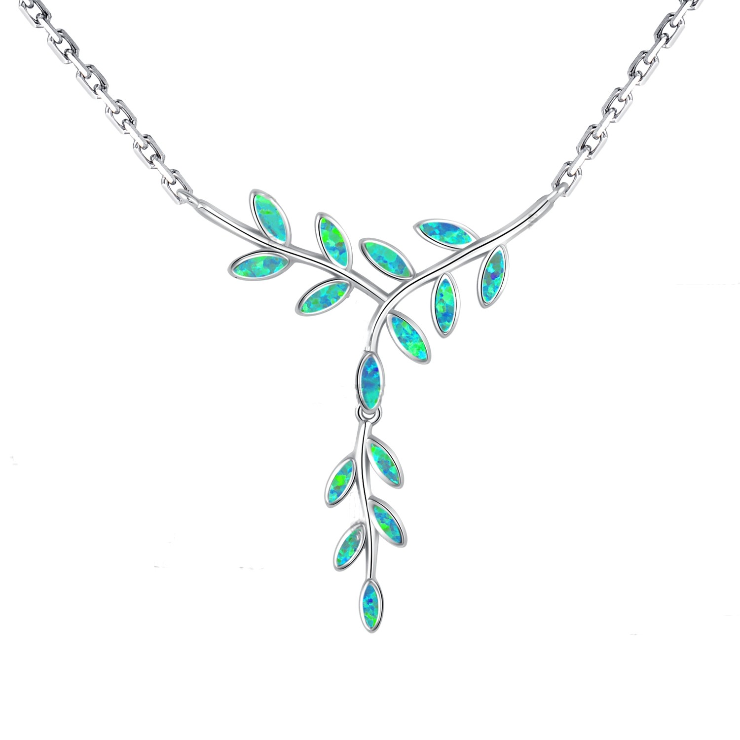 925 Sterling Silver  Olive Branch Necklace with Blue Opal