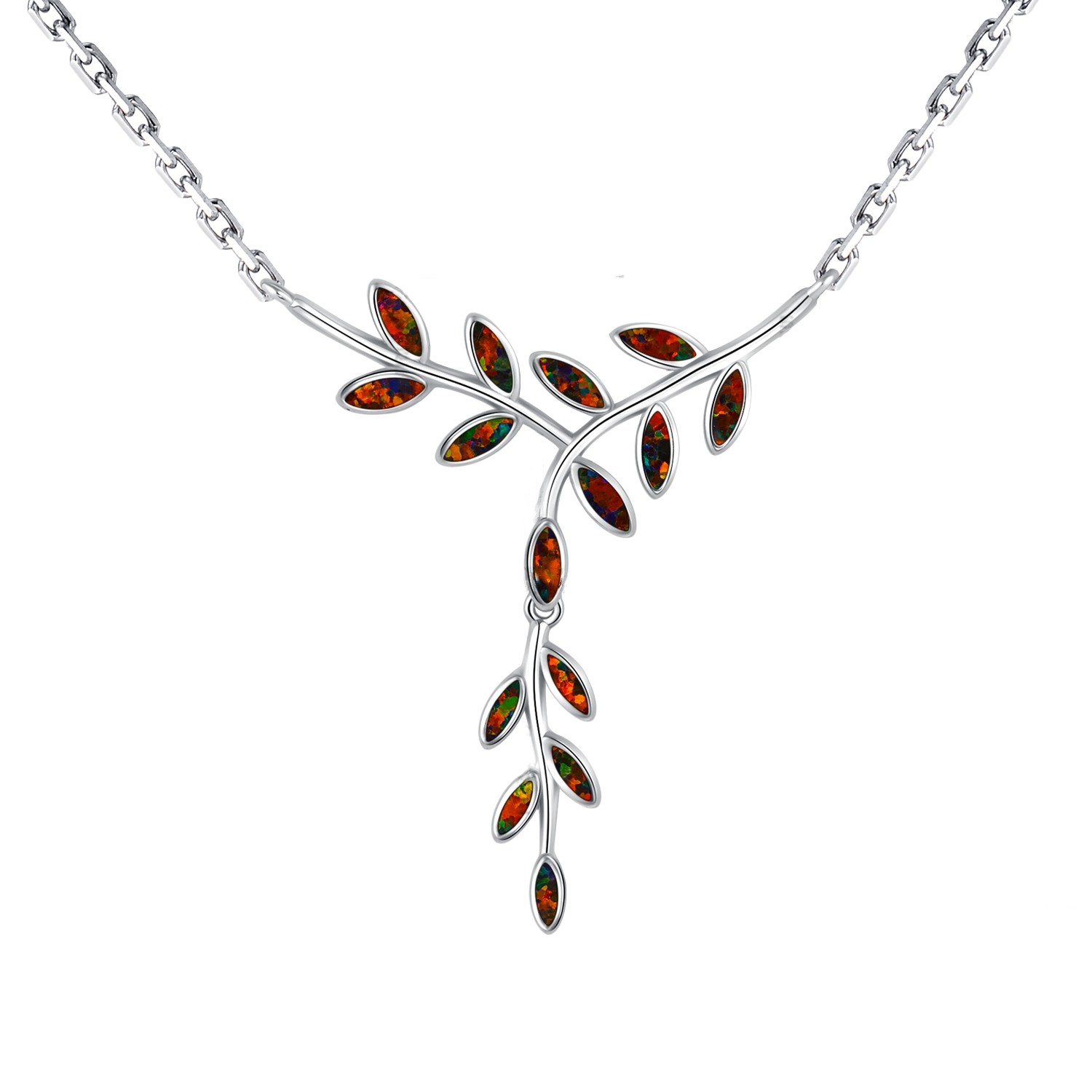 925 Sterling Silver  Olive Branch Necklace with Blue Opal