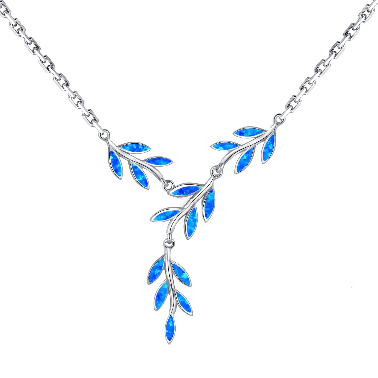 Sterling Silver Blue Opal Trendy Leaf Necklace