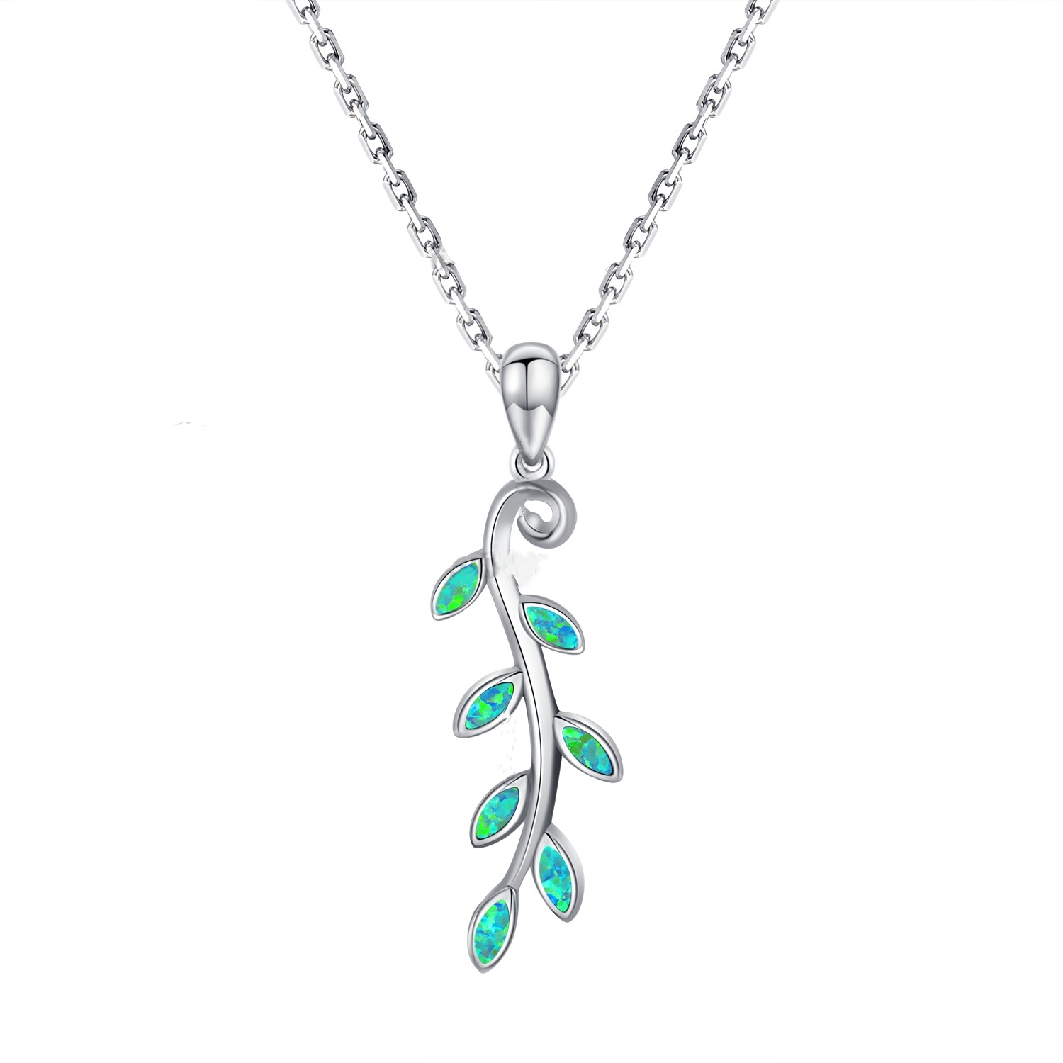 925 Sterling Silver opal Olive Leaf Necklace Pendant