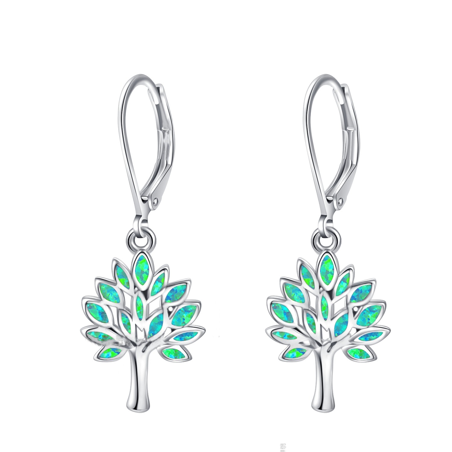 Life Tree Blue Fire Opal Silver Earrings