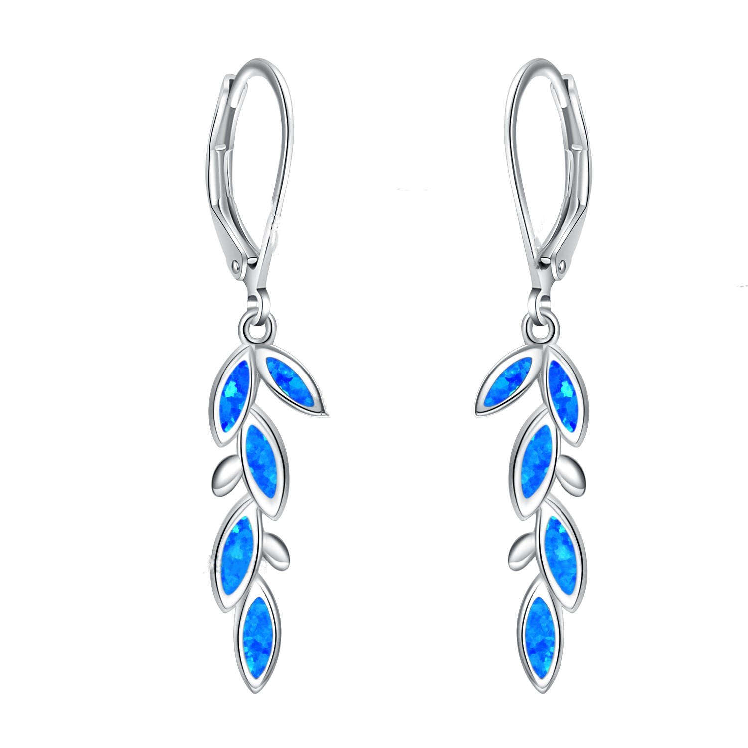 Sterling Silver Blue Lab Opal Leaf Hook Earrings