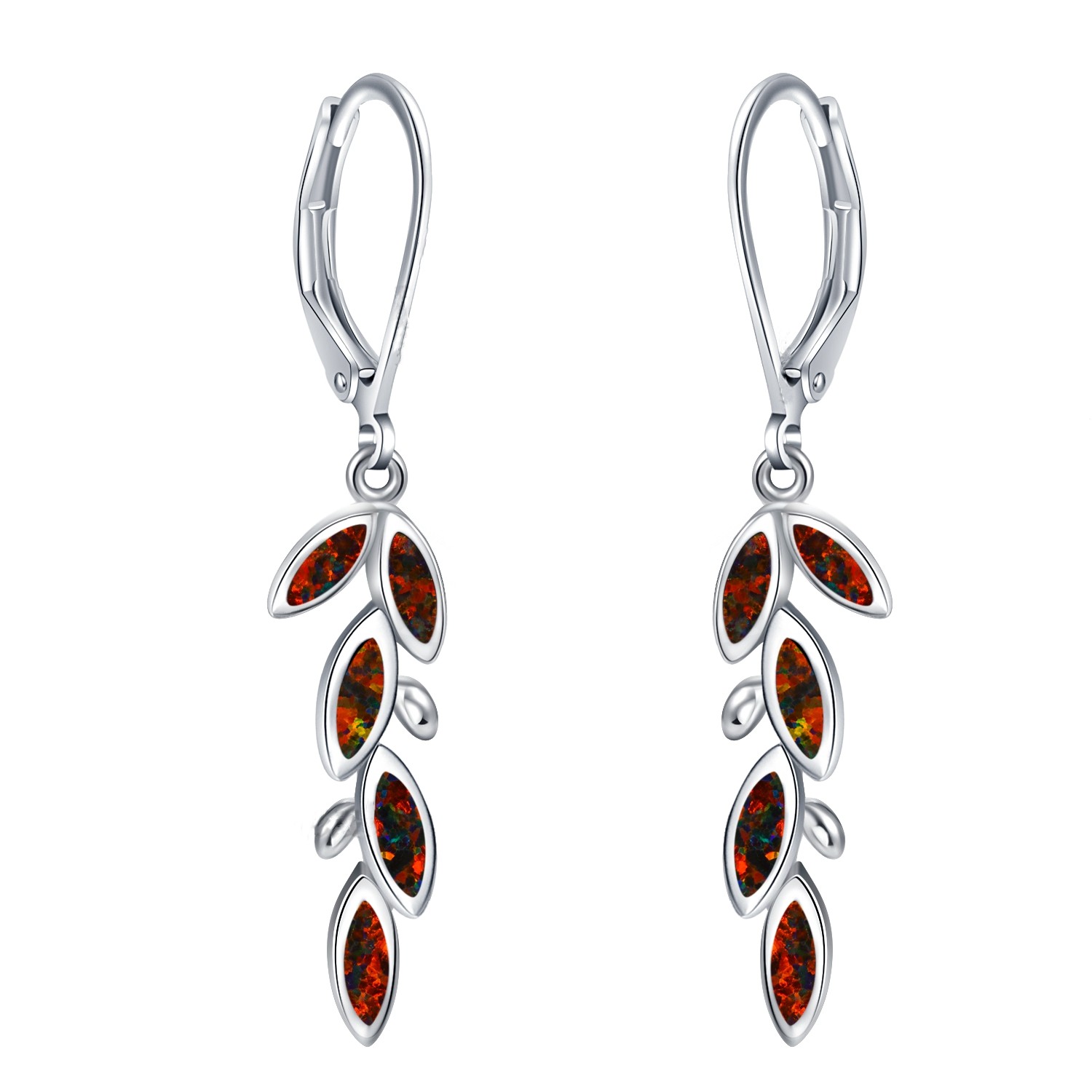 Sterling Silver Blue Lab Opal Leaf Hook Earrings