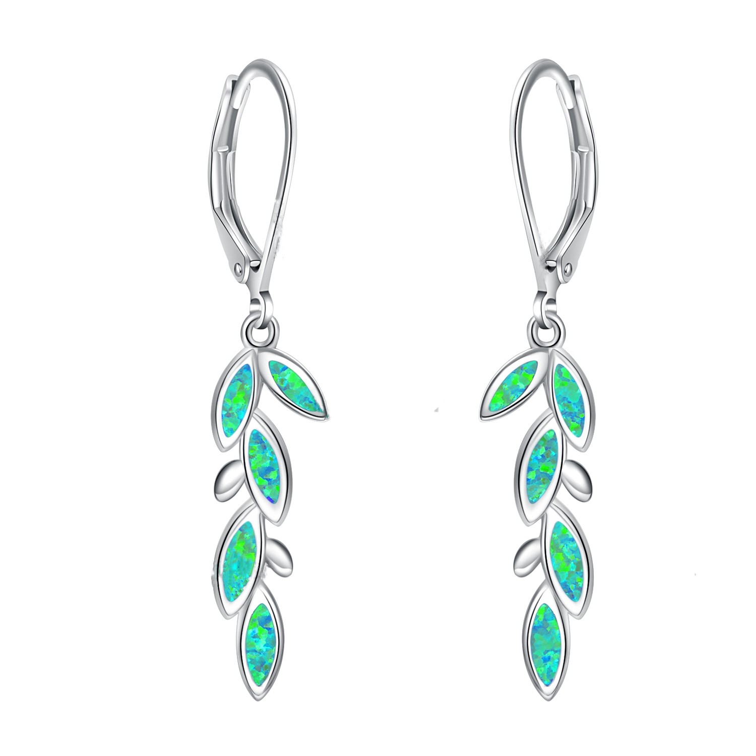 Sterling Silver Blue Lab Opal Leaf Hook Earrings