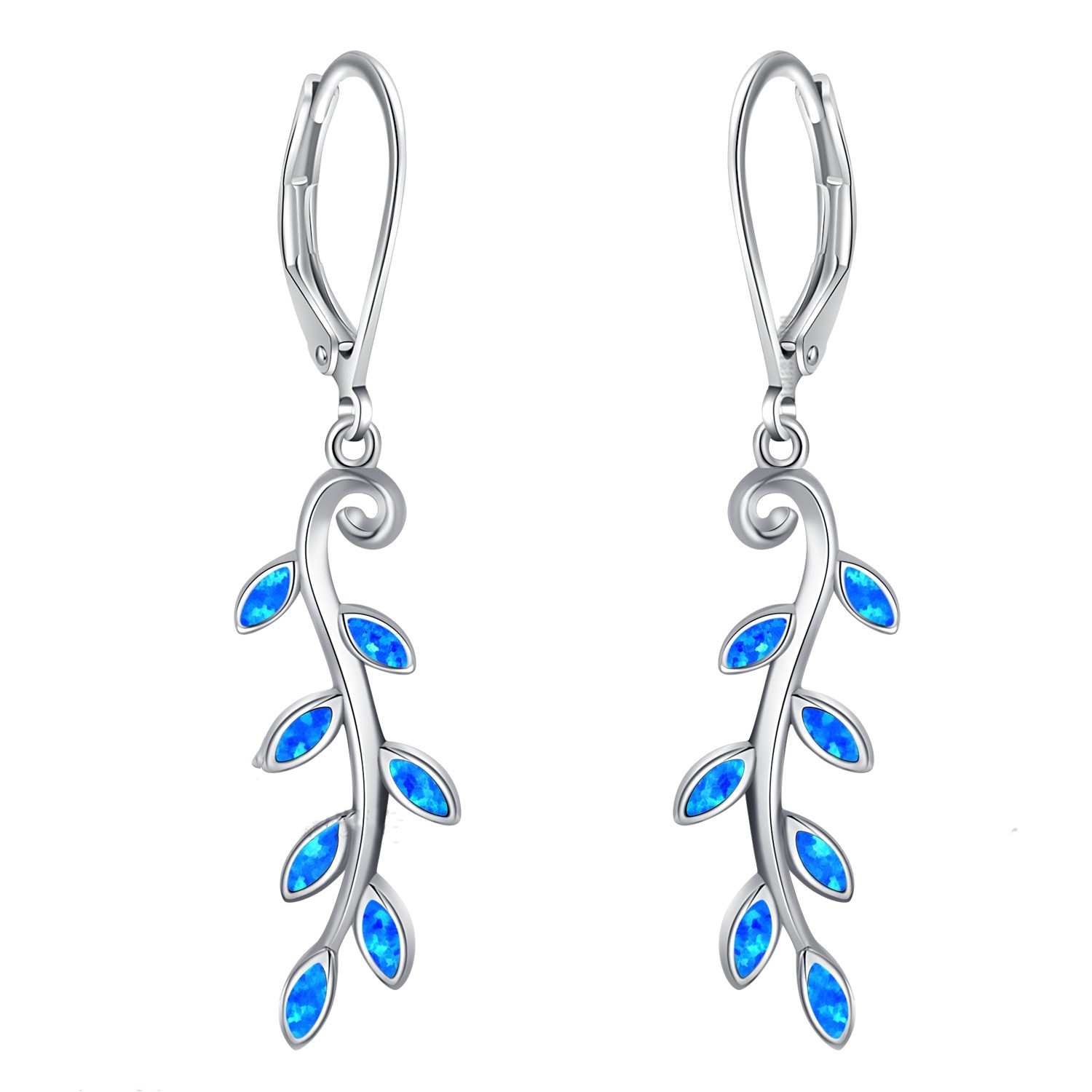 Sterling Silver 925 Greek Olive Leaf Leaves Blue Opal Dangle Earrings, Leaf Silver Earrings