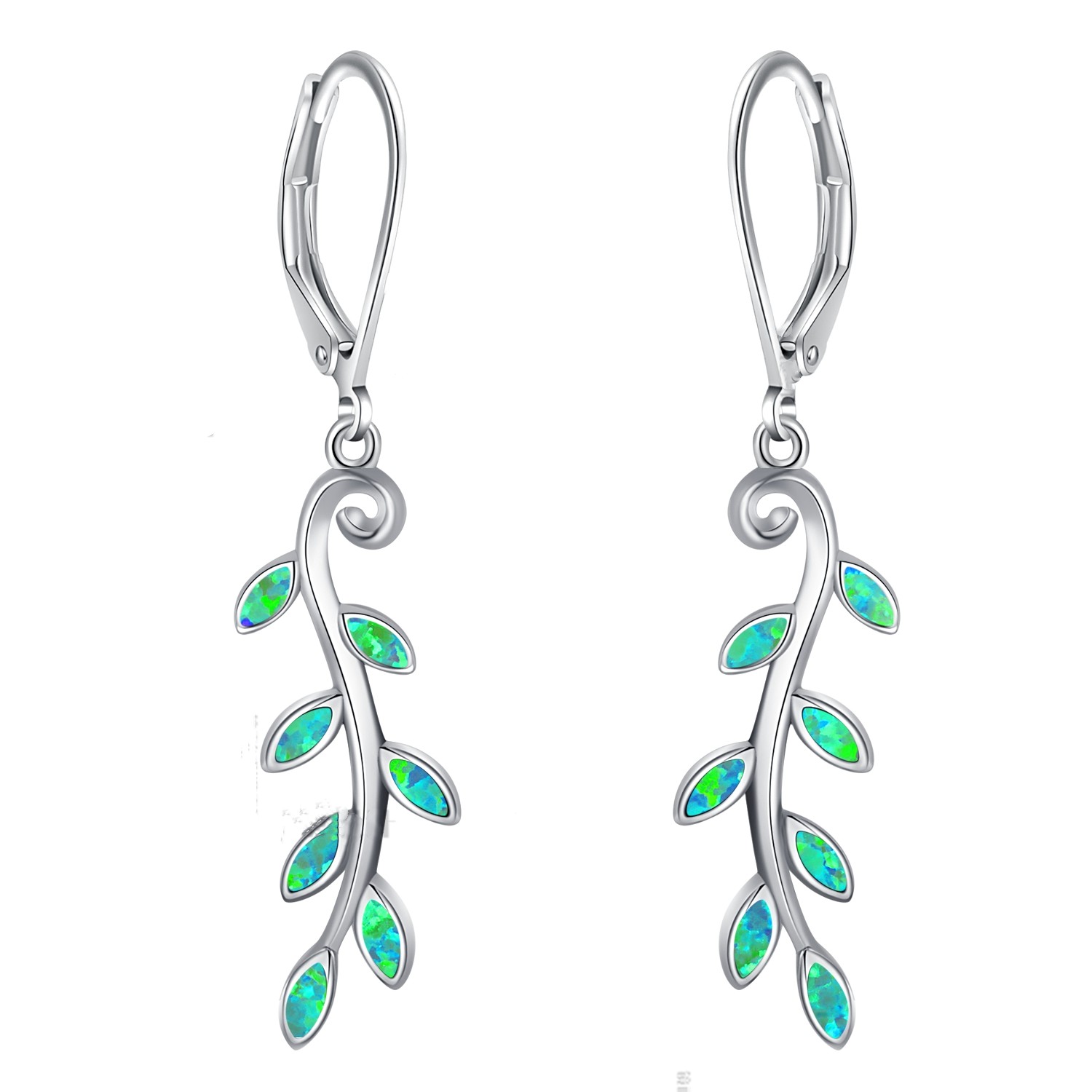Sterling Silver 925 Greek Olive Leaf Leaves Blue Opal Dangle Earrings, Leaf Silver Earrings