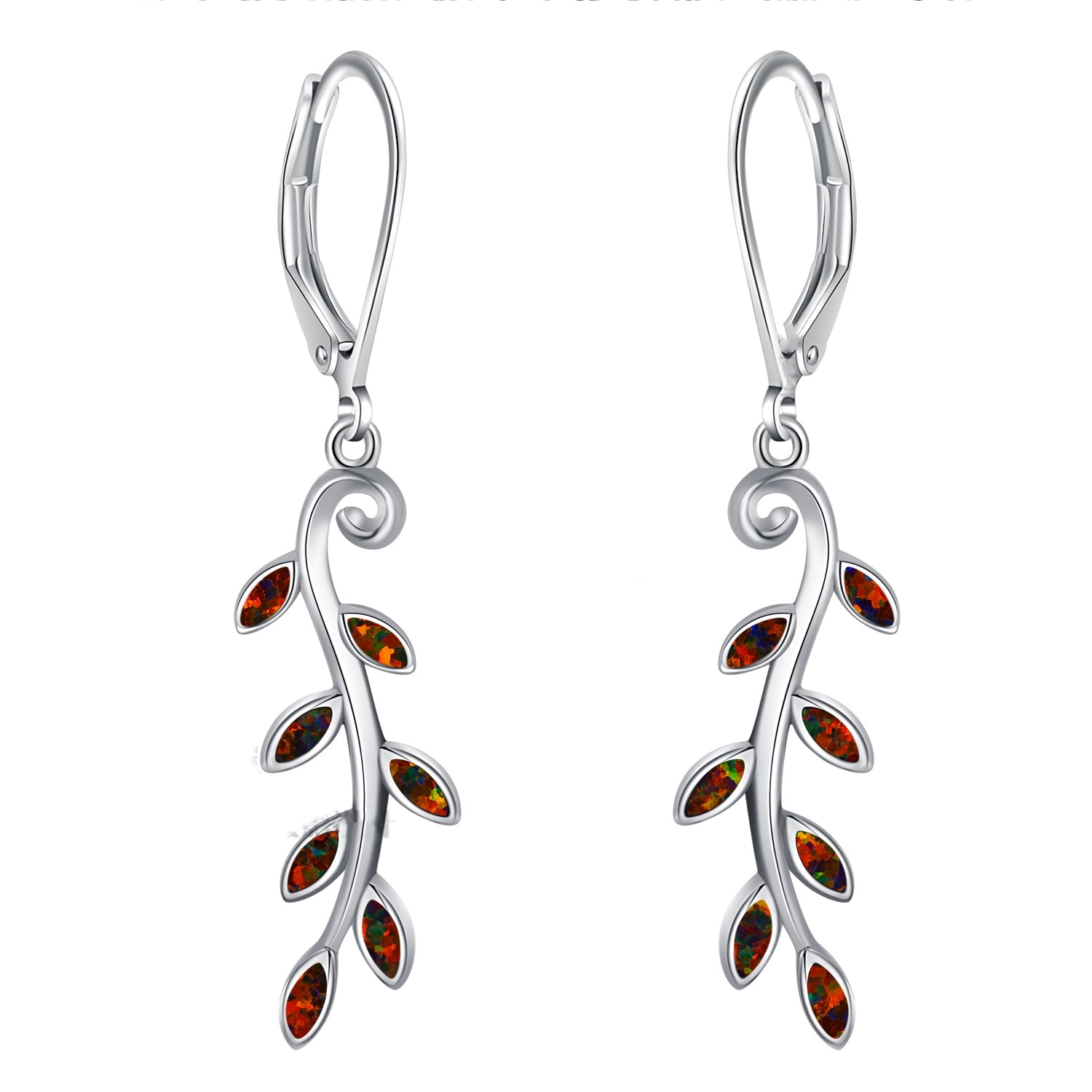 Sterling Silver 925 Greek Olive Leaf Leaves Blue Opal Dangle Earrings, Leaf Silver Earrings