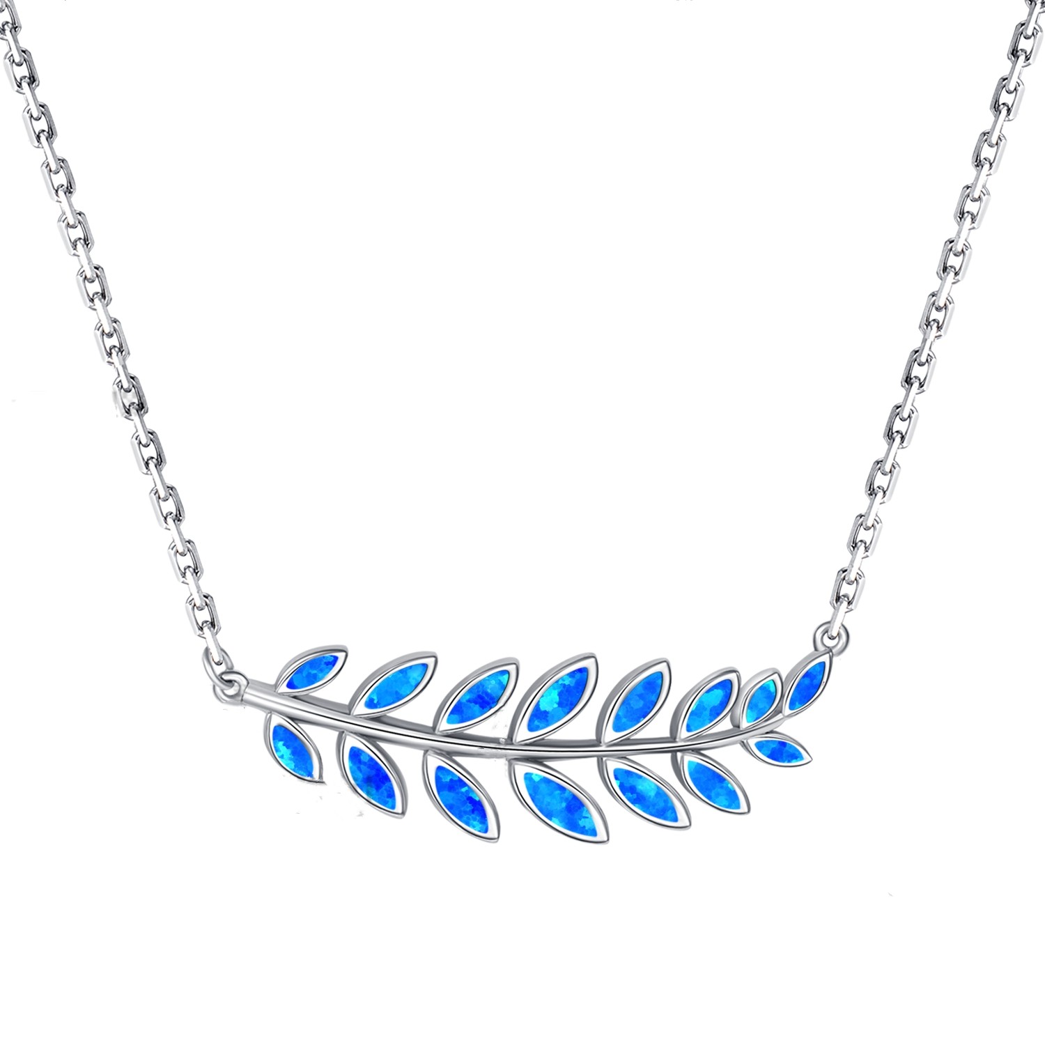 Sterling Silver Blue Opal Trendy Leaf Necklace