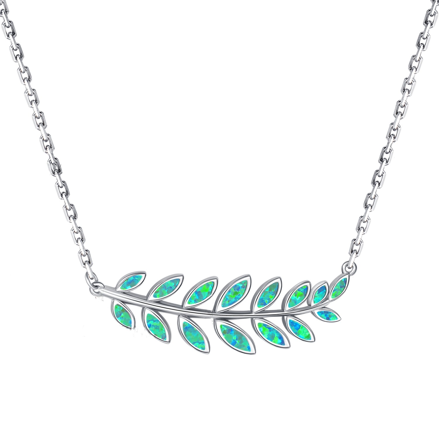Sterling Silver Blue Opal Trendy Leaf Necklace