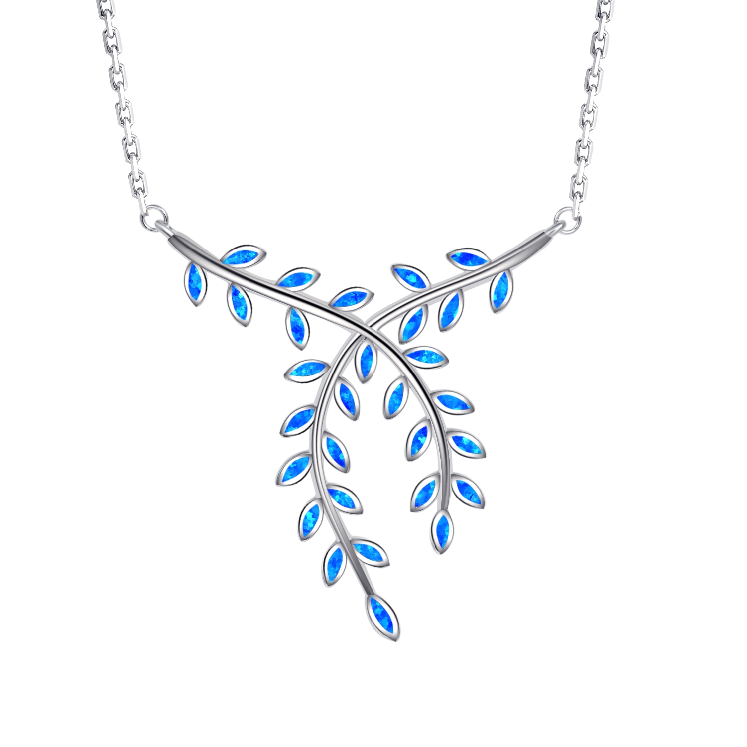 Blue Opal Olive Leaf Sterling Silver Necklace, Greek Jewelry