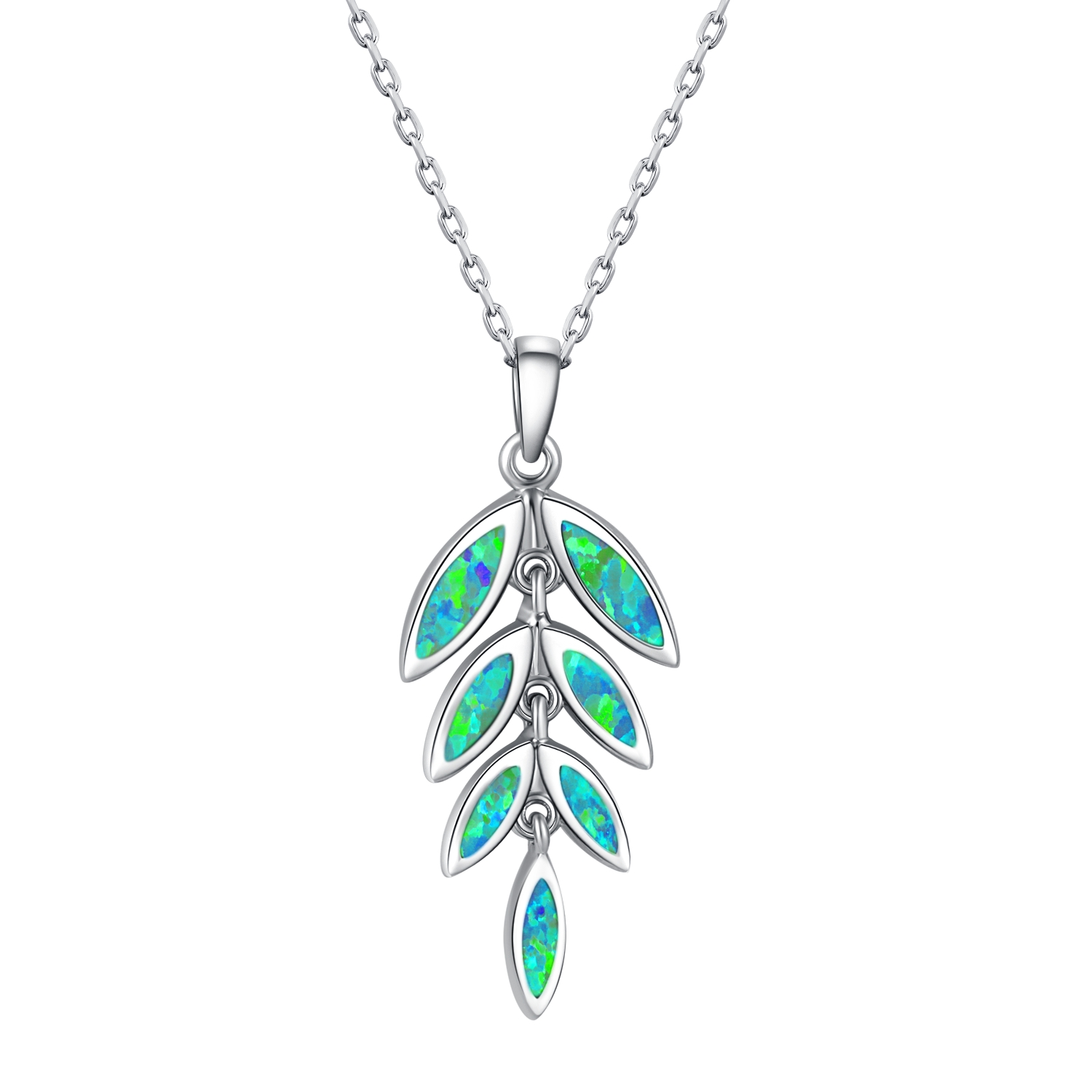 Sterling Silver Opal Dangle Maile Leaf Necklace Pendant